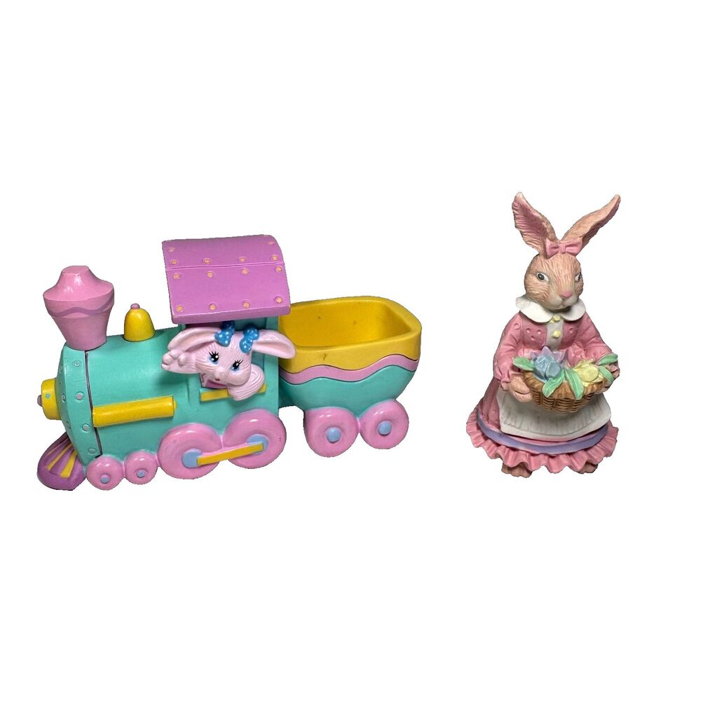 Vintage Easter Bunny Figurine Lot 1993 Hallmark Crayola Train Pastel Decor Cute
